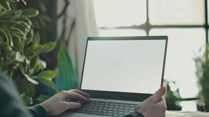 Canvas Print - Business person working online or learning using laptop mock up blank white empty screen, hands typing on computer background close up view. Mockup display for ads. Close up view.