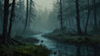 Foggy enchanted forest background at night, dense forest with fog detailed style, apocalyptic, illustration, soft tones, horror style, detailed apocalyptic good for musical video or video Ai Generated