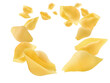Italian pasta levitating isolated on white background. Clipping path, full depth of field.