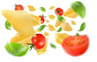 Italian pasta with basil leaf and cherry tomato levitating isolated on white background. Uncooked Italian Pasta. Clipping path, full depth of field. Concept of flying food.
