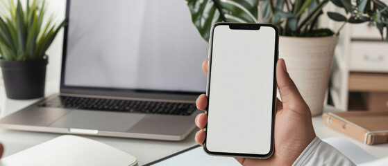 Business person man or woman holding smartphone showing mock up blank white empty mobile phone screen, hands using cellphone close up view. Mockup display for applications ads.