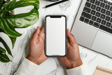 Wall Mural - Business person man or woman holding smartphone showing mock up blank white empty mobile phone screen, hands using cellphone close up view. Mockup display for applications ads.