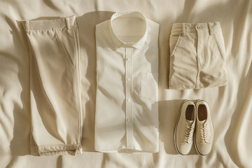 Wall Mural - Stylish minimalist flat lay of neutral-colored clothing including trousers, shirt, shorts, and shoes