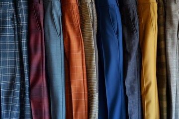 Display of assorted trousers in a retail store. Showcasing a collection of symmetrical. Patterned. And colorful apparel for men