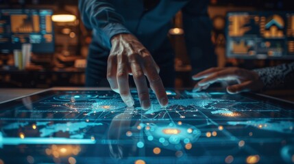 Global business development team using a touchscreen to manipulate data and project future growth.