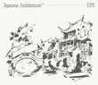 Japanese traditional architecture and bridge. Hand drawn vector illustration, sketch.