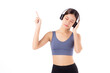 Portrait beautiful young asian woman wearing headphone for listening music while workout isolated white background, sport and exercise for health, one person, female relax with motivation for health.