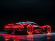 Red futuristic luxury car with glowing lights on dark background showcasing advanced design