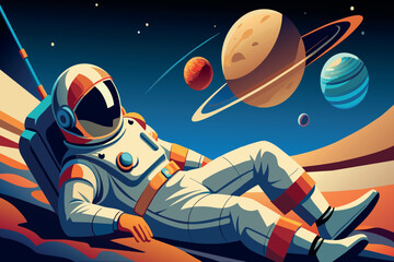 Wall Mural - a man in a spacesuit is laying on a rocky surface, looking up at the sky