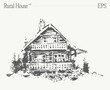 Hand drawn vector illustration of a cabin with balcony in a wooded setting