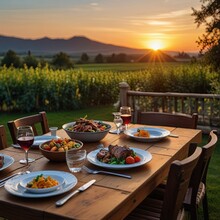 Backyard Supper Table Enjoy A Tasty Grilled BBQ Meat Sunset Time, Picnic In The Garden