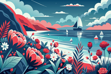 Wall Mural - A beautiful painting of a beach with a boat in the water