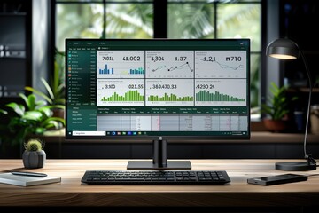 Wall Mural - big widescreen monitor with charts and management dashboard in front of office desk professional photography
