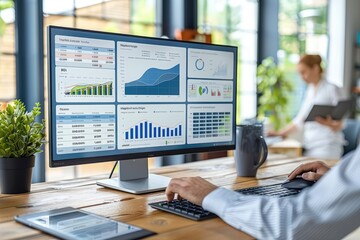Wall Mural - big widescreen monitor with charts and management dashboard in front of office desk professional pho
