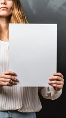 Person holding blank white empty paper in hands standing on background, mock up. Man or woman presenting mockup paper showing page sheet, book, letter covering face for advertising copy space concept.