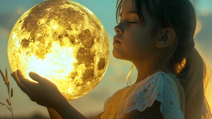 Wall Mural - a young girl holding a big glowing yellow moon in her hand. and he closed one eye to gaze at it