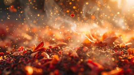 Wall Mural - Macro shot of tea leaves steeping in hot water, highlighting the release of color and aroma.