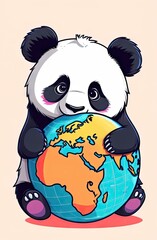 Wall Mural - Smiling panda hugs a globe, flat vertical illustration.Knowledge day, back to school and september 1 concept.Save the planet concept.