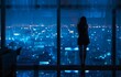 Young romantic woman, girl looking out through a panoramic window at night city and dark blue sky. Illustration can be used as poster for home design. Generated AI.