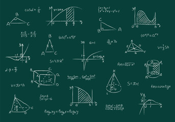Wall Mural - Chalk set of mathematical figures, functions, formula, calculation and equation. Hand drawn white chalked geometric triangle, square, cones and function graphs are drawn on green school chalkboard