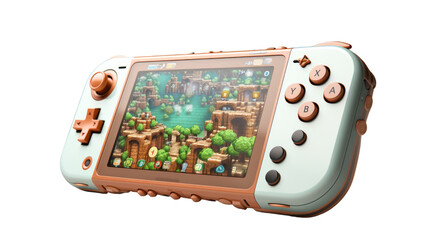 A handheld game system displaying an exciting game on the screen on transparent background