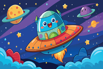 Wall Mural - a cartoonish space scene with a blue spaceship flying through the sky