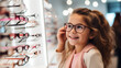 © Natalia Klenova - Excited Little Girl Fitting New Glasses in Optical Shop