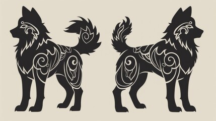 Two black dogs in profile with intricate tribal patterns embossed on their bodies stand out against a stark white background