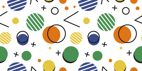 Leinwandbilder - Bright Memphis - circles, crosses and checkmarks. Seamless simple and colorful memphis pattern. Green, blue and yellow colors.