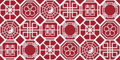 Fototapete - Chinese and Japanese Asian pattern. Red and seamless tiles pattern.