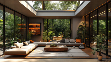 Wall Mural - 3D design. Image of interior of cozy modern living room with massive skylight jungle from ceiling while furnished with modern furniture and glass walls displaying admirable outside scenery.