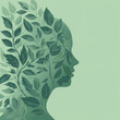 Abstract Woman Profile with Green Plant Motifs on Pastel Background
