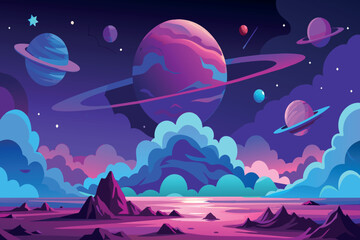 Wall Mural - a colorful space scene with a purple sky and a purple planet in the middle