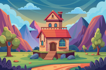 Wall Mural - A house with a red roof sits in front of a mountain range