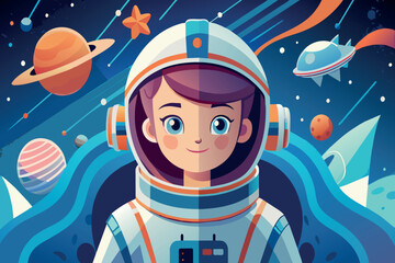 Wall Mural - a girl in a space suit is smiling and looking at the camera