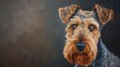 Artistic rendition of an Airedale Terrier painted against a dark, abstract background