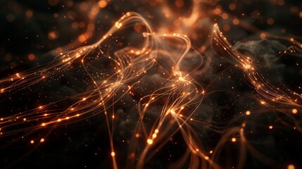 Wall Mural - A network of glowing copper wires against a dark, smokey background, perfect for a cyberpunkinspired image  
