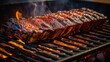 Perfectly marinated ribs cook over a fiery grill, flames licking the meat, embodying the spirit of outdoor culinary delight