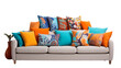 © FMSTUDIO - A vibrant couch covered in an abundance of bright and colorful pillows on transparent background