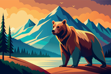 Wall Mural - A bear stands in front of a mountain range, looking out over a lake