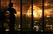 Girl looking out through a panoramic window at night city. Full moon on a dark yellow sky. Illustration can be used as a poster, merchandise, design. Generated AI.