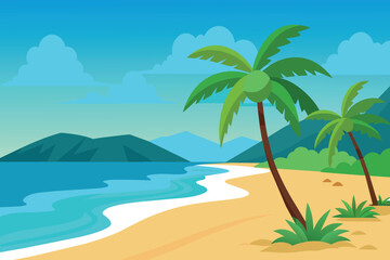 Wall Mural - A beautiful beach scene with palm trees and a blue ocean