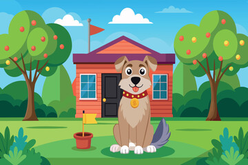 Wall Mural - A cartoon dog is sitting in front of a house with a flagpole