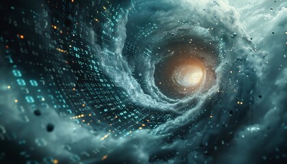 A swirling cloud of binary code data forming a digital tornado, with glowing particles streaming upwards  
