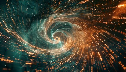 A swirling cloud of binary code data forming a digital tornado, with glowing particles streaming upwards  