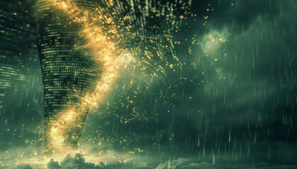 A swirling cloud of binary code data forming a digital tornado, with glowing particles streaming upwards  