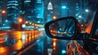 A close-up of a rearview mirror in a car speeding through a modern metropolis at night, surrounded by skyscrapers.
