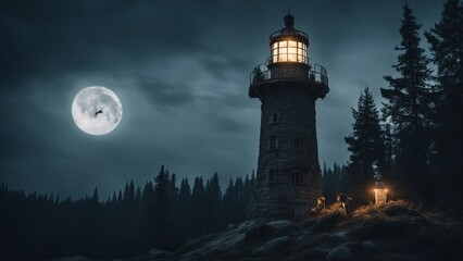 Wall Mural - lighthouse at night A scary lighthouse in a dark forest, with wolves, trees, and a moon. The lighthouse is made of wood 