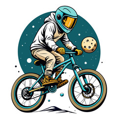 Wall Mural - illustration of an astronaut performing BMX tricks against the backdrop of a softly illuminated moon, with vibrant colors and sleek lines