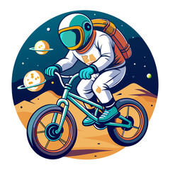 Wall Mural - illustration of an astronaut performing BMX tricks against the backdrop of a softly illuminated moon, with vibrant colors and sleek lines